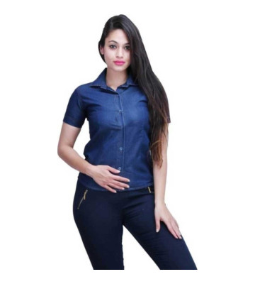 Womens Denim Solid Casual Collared Neck Shirt Blue Pattern